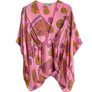 JULES REID BEAUTIFUL SILK PINK TIGER V-NECK CAFTAN TOP SZ 6
